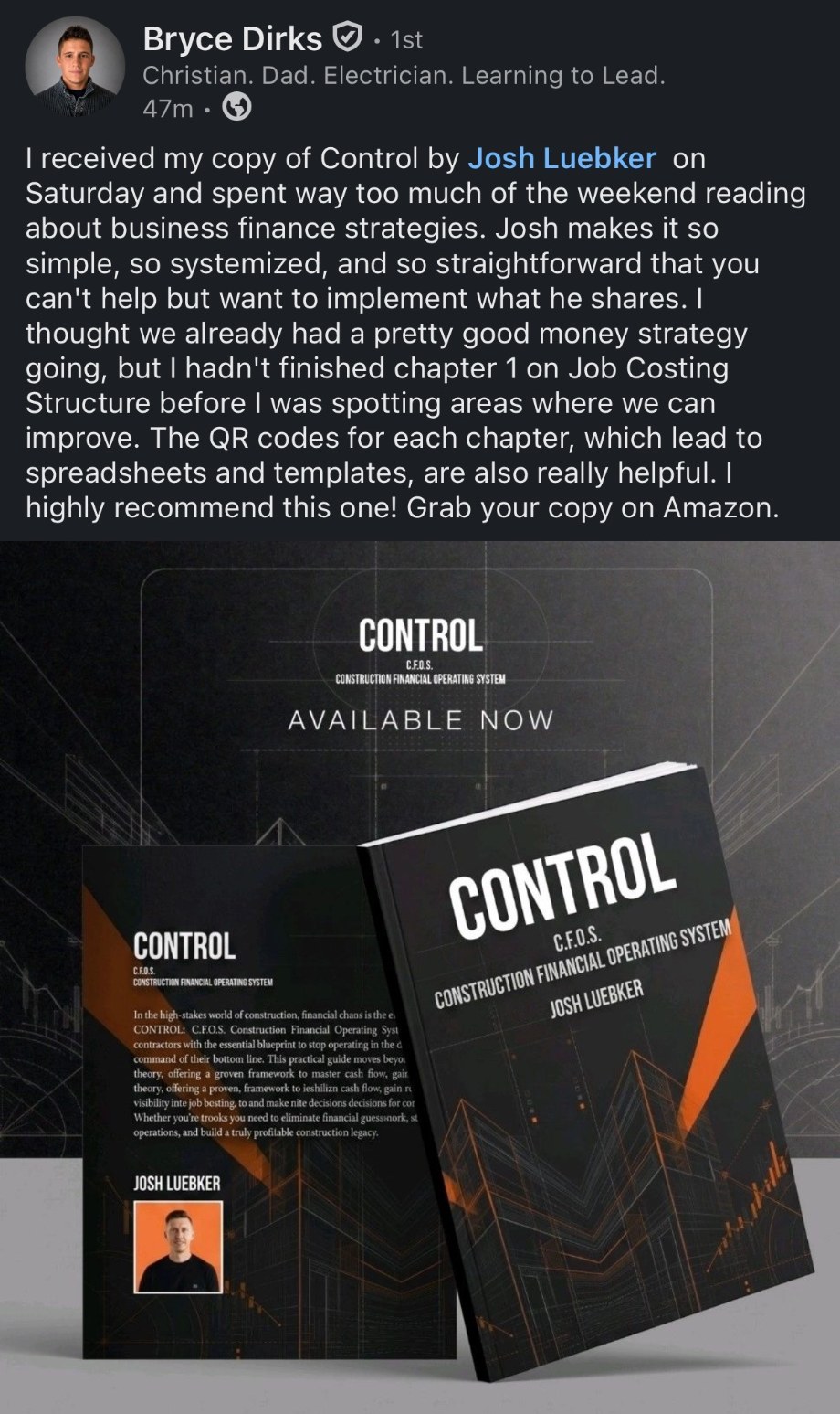 LinkedIn post by Bryce Dirks, an electrician, about reading CONTROL over the weekend, with a photo of the book.